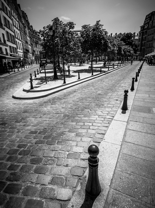 Paris rive gauche, rue pavée noir et blanc